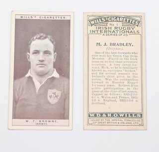 Wills cigarette cards, a collection of complete sets of Irish themed cards to include Irish Rugby Internationals circa 1928 W.246, Irish Sportsman circa 1935 W.247, Hurlers 1927 W.238 and Irish Industries (1937 Ask your retailer edition) W.245B 