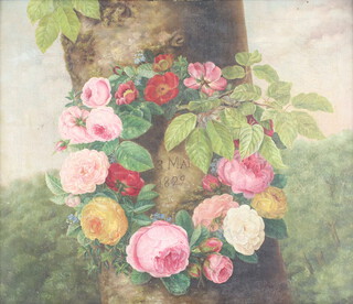 T Meyser, oil on canvas signed and dated 3 Mai 1829, study of a tree with wreath, 38cm x 45cm, the reverse labelled Professor Oswold Mullers Estate  