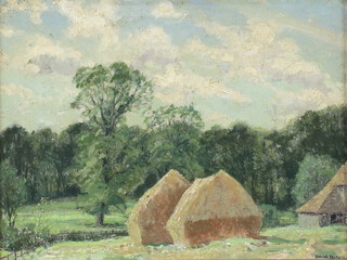 David Birch (British, b.1945) oil on board signed, study of haystacks and farm buildings with distant wood, letter and label on verso 23cm x 32cm 