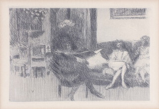 Dry point etching, interior scene with seated ladies 10cm x 14cm, initialled EV 