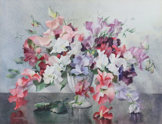 Jack Carter, (British, 1912-1992), watercolour signed and dated 1972, study of sweet peas, the reverse signed Jack Carter 30th October 1971 and with Jack Carter card  34cm x 44cm 