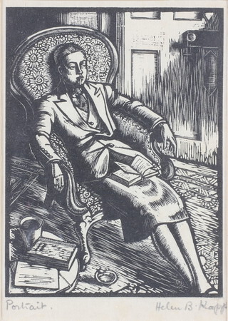 Helen Babette Kapp (British, 1901-1979), wood cut, portrait study of a seated lady 16cm x 11cm 