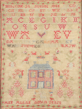 Molly Rose, August 1844 aged 10 years, Victorian wool work sampler with alphabet, house and birds 40cm x 31cm, contained in a walnut frame 