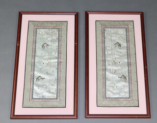 A pair of Chinese rectangular embroidered panels of butterflies 61cm x 26cm, labelled to reverse "Removed from priests robes since the Communist Revolution Mark Rowel Ltd (Maple Company), contained in a gilt bamboo effect frame 25cm x 88cm together with 1 other 19cm x 40cm 