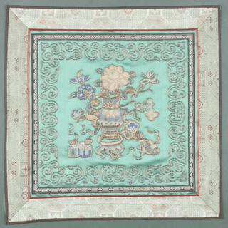 Three square Chinese embroidered panels, labelled to reverse "Removed from priests robes since the Communist Revolution Mark Rowel Ltd (Maple Company) 37cm x 38cm, 38cm x 37cm and 38cm x 38cm 