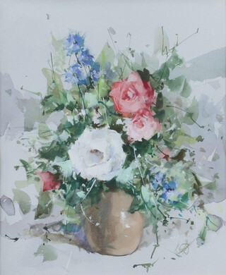 Derek Brown, (British, 1924-2009), watercolour, still life study of white and pink roses 30cm x 24cm monogrammed, with Thompsons Gallery label 