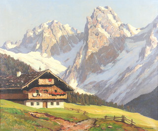 Gra G Winkler,  oil on canvas signed, alpine scene with mountain and building 49cm x 59cm 