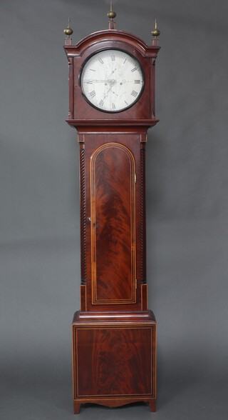 John Booth of Aberdeen, an 18th Century Scots 8 day striking longcase clock, the 33cm silvered dial with minute dial, calendar dial and Roman numerals, contained in an inlaid mahogany case on bracket feet, complete with pendulum, weights and key  225cm h 