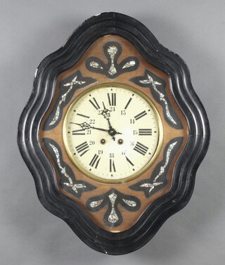 A French 19th Century striking vineyard clock with 23cm circular painted dial in an oval ebonised case, 61cm diam.  with pendulum (but no key) 