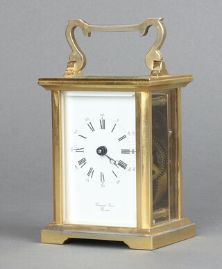 Bernard Freres Bicester a 20th Century carriage timepiece with enamelled dial, Roman numerals, contained in a gilt metal case complete with key 10cm x 8cm x 6cm and box