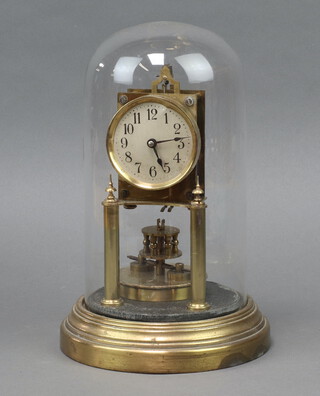 A German 400 day clock with 7cm silvered dial, Arabic numerals, complete with dome 29cm h x 18cm 