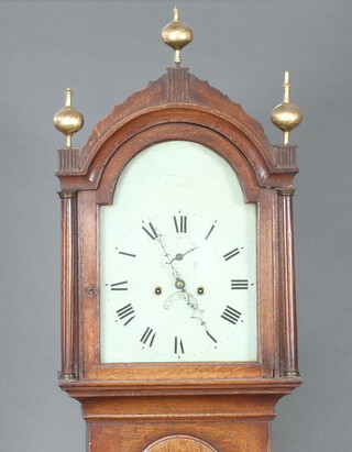 Simpson Hadleigh, an 18th Century 8 day longcase clock, the 30cm arched white painted dial marked Simpson Hadleigh, Roman numerals, minute indicator and calendar aperture, complete with pendulum, key and weights, contained in an oak case 221cm h 