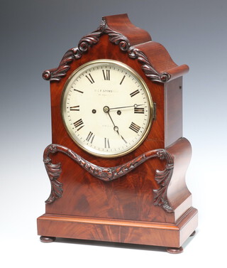 A 19th Century chain driven double fusee bracket clock, striking on gong, the 19cm painted dial marked W & F Grimshaw, 35 Coswell Road, London, contained in a mahogany case with 14cm plain back plate 50cm h x 17cm w x 33cm and together with an associated bracket, complete with pendulum and key 