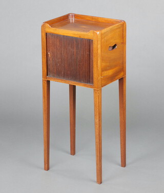 A rectangular 19th Century inlaid mahogany tray top commode with tambour shutter, raised on square tapered supports 83cm h x 35cm w x 28cm d 