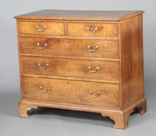 An 18th Century crossbanded oak chest of 2 short and 3 long drawers with brass swan neck drop handles, raised on bracket feet 100cm h x 112cm w x 54cm d 