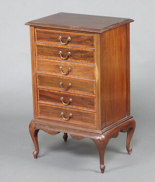 An Edwardian inlaid and crossbanded mahogany sheet music chest of 6 long drawers, raised on cabriole supports 86cm h x 53cm w x 38cm d 