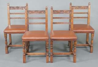 A set of 4 17th Century style carved oak ladder back dining chairs with overstuffed seats, raised on turned and block supports with H framed stretchers 91cm h x 45cm w x 41cm d (seats 26cm x 28cm)  