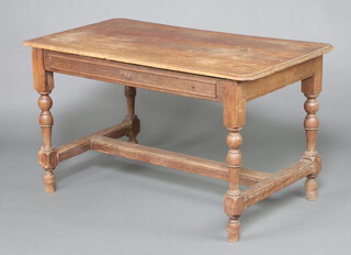 An 18th Century light oak side table fitted a drawer, raised on cup and cover supports with H framed stretcher 71cm h x 127cm w x 71cm d 