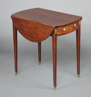 A Georgian style oval inlaid mahogany Pembroke table fitted a frieze drawer, raised on square tapered supports 72cm h x 76cm w x 44cm d 