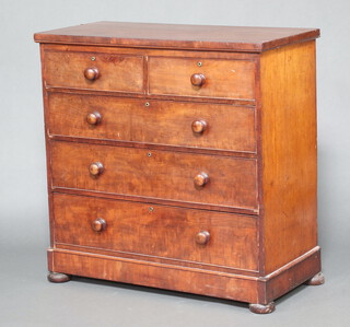 A 19th Century rectangular mahogany chest of 2 short and 3 long drawers with turned handles, raised on bun feet 104cm h x 105cm w x 51cm d 