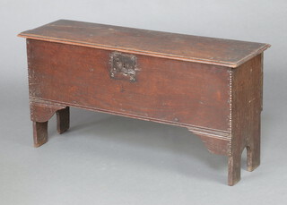 A 17th Century 6 panel coffer with hinged lid, the interior fitted a candle box 51cm h x 101cm w x 33cm d 