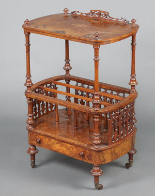 A Victorian oval inlaid and quarter veneered figured walnut 3 section Canterbury, the base fitted a drawer raised on turned supports 91cm h x 62cm w x 41cm d 