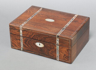 A Victorian rosewood inlaid mother of pearl trinket box with hinged lid 12cm x 28cm x 20cm  