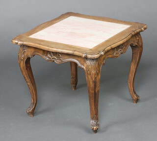 A French square carved walnut occasional table with pink veined marble top, raised on carved cabriole supports 45cm h x 55cm w x 55cm d 