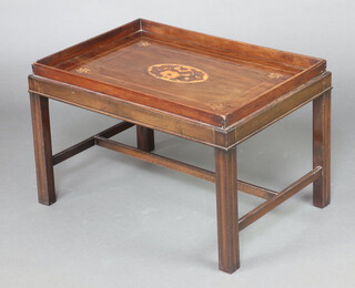 A 19th Century Continental rectangular inlaid mahogany tray, raised on a later stand with square tapered supports, H framed stretcher 50cm h x 77cm w x 54cm d 