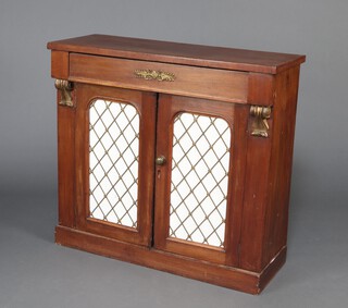 A Victorian mahogany chiffonier fitted  a drawer above cupboard enclosed by grilled panelled doors 86cm h x 93cm w  x 34cm d 