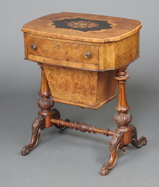 A Victorian inlaid figured walnut work table of serpentine outline fitted a drawer above a deep basket, raised on turned supports with H framed stretcher 71cm h x 60cm w x 44cm d 