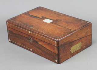 A Victorian rosewood and inlaid mother of pearl writing slope with brass counter sunk handles 13cm h x 35cm w x 24cm d 