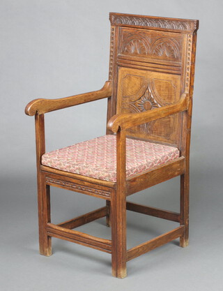 20th Century, 17th Century style carved oak Wainscot chair, raised on square supports with box framed stretcher 105cm h x 50cm w x 60cm d (seat 23cm x 33cm) 