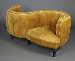 Artsome For Coach House Collection, a Victorian style 2 seat conversation settee, upholstered in gold material, raised on ebonised turned supports 68cm h x 133cm w x 51cm d (each seat 35cm x 32cm) 