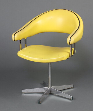 A mid-Century revolving chrome framed tub back chair upholstered in yellow material 74cm h x 61cm w x 50cm d (seat 20cm x 23cm)  