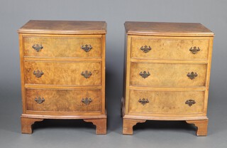 A pair of Queen Anne style walnut bow front bedside chests of 3 drawers, raised on bracket feet 66cm h x 54cm w x 41cm d 