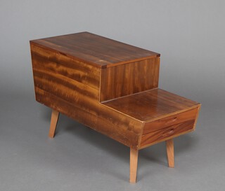 Vanson, a mid-century teak stepped sewing box raised on tapered supports 45cm h x 75cm w x 33cm d