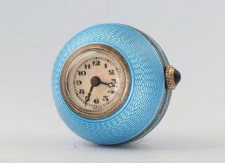 An Edwardian silver and pale blue guilloche enamel spherical timepiece with "sapphire" cabochon winder 20mm 