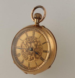 A lady's Continental 18K yellow metal fob watch with champagne dial and engraved monogram 32mm 