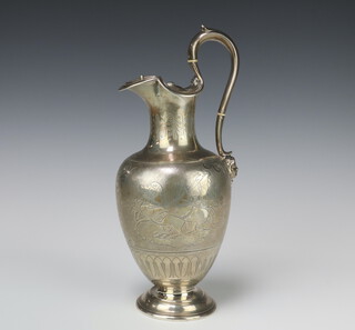 A good Victorian silver Roman style ewer with S scroll handle, engraved decoration of charioteers, London 1854, 755 grams, Maker Edward and John Barnard 31cm 