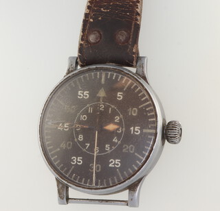 Lange and Sohne, a Second World War German Luftwaffe oversized military manual wind observation wristwatch contained in a 55mm steel case, circa 1940, the black dial with outer 60 seconds division and 5 second markers, the inner with 12 hour chapter ring, blue steel sword hands with luminous inserts and white centre seconds hand, the outer case marked around the side FI 23883, the movement marked K31, the back cover numbered 166, the inner back cover marked B-UHR. Thommen  127-560.A.1. B.L.T.166. FI23883 Wempe Hamburg, 