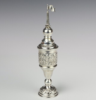 A 925 silver spice tower with tapered spire and repousse basket work decoration, 95 grams, 22cm 