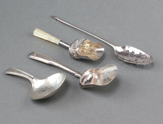 A George III silver caddy spoon (rubbed marks), 2 scoops and a spoon 