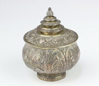 An Indian white metal repousse baluster bowl and cover decorated with figures and flowers 264 grams 