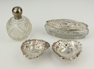 A Victorian silver mounted spherical scent bottle Birmingham 1896 10cm, a silver mounted box and 2 bon bon dishes 