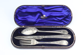 A Victorian  silver, spoon, fork and knife, Sheffield 1859, gross 157 grams, contained in a fitted case 