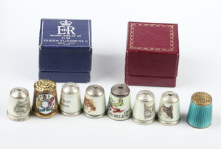 Six modern silver and guilloche enamel thimbles decorated with cats, 4 other enamelled thimbles 