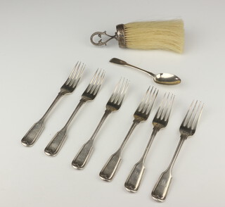 A set of 6 Victorian silver fiddle and thread pattern dessert forks London 1839, together with a teaspoon and a silver handled brush, weighable silver 365 grams 