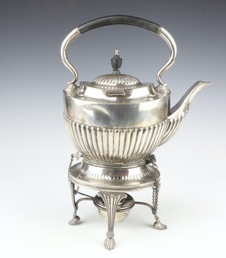 A Victorian silver plated demi-fluted tea kettle on stand with burner 