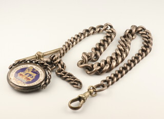 A silver Albert with T-Bar and enamelled swivel coin, gross weight 72 grams